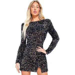 Bella Barnett NWT Sequin Mini Dress M Black Rainbow Long Sleeve‎ Open Back Dress thumbnail 13