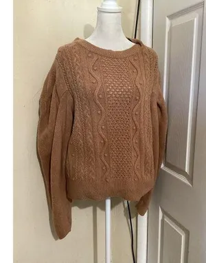 Express Tan Wool Blend Cable Knit Sweater Puff Sleeve L thumbnail 1