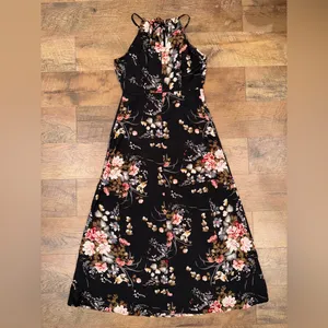 SheIn Black and Pink Floral Print Split Thigh Halter Maxi Dress with Slit thumbnail 4