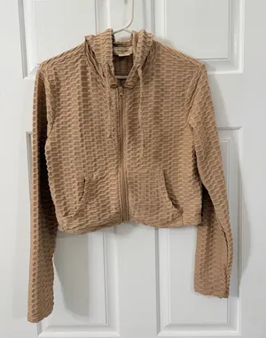 Cropped Tan Textured Zip Hoodie Jacket - Women thumbnail 1