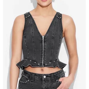 Women’s Black Denim Studded Vest Size Small Wild Fable Ruffle Hem Sleeveless Top thumbnail 1
