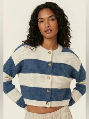 Altar'd State Blue and Cream Striped Button-Front Cropped Cardigan Size Small thumbnail 1