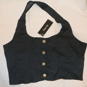 Button Up Halter Vest Crop Top Black Size M thumbnail 1