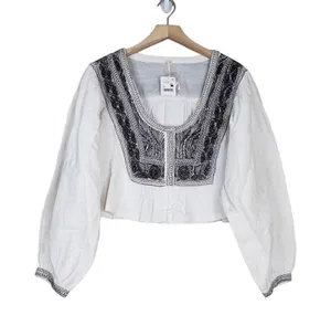 Free People Womens M Iggie Embroidered Blouse in Ivory/Black Bean NEW thumbnail 2