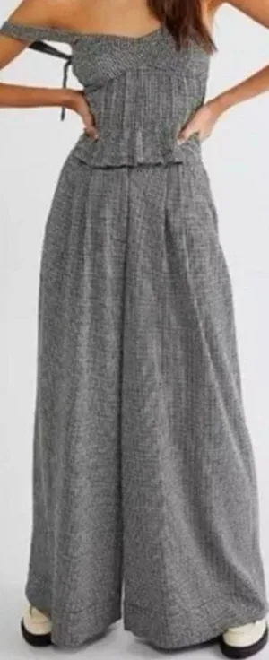 Free People Josie Houndstooth Wide Leg Pants Trousers Black White High Rise Boho thumbnail 1