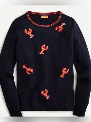 J.Crew 100% Cashmere Flying Lobster Sweater Navy Red Size S thumbnail 1