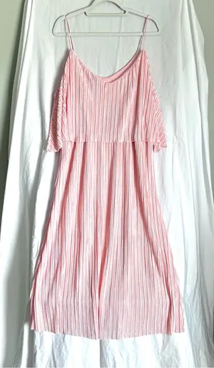 ATTENTION | Pink Satin Accordion Pleated Tiered Midi Dress Sz XL thumbnail 1