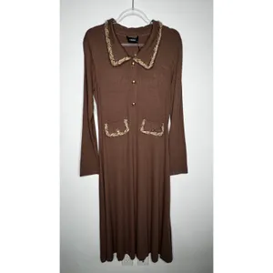 Cider 2020s Brown Ribbed Midi Dress Gold Trim Stretch NWT Large thumbnail 16