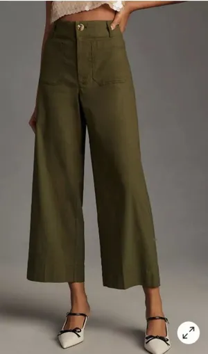 Anthropologie Maeve Colette Wide Leg Cropped Linen Blend Pants in Olive thumbnail 1