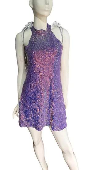 Shein Purple Iridescent Sequin Halter Mini Dress Fairycore Bodycon Size 6 M thumbnail 1