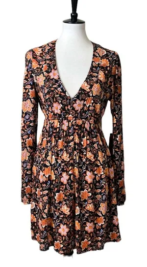 Billabong New Blouson Dress Deep V-neck Long Sleeve Black Floral Women’s Size M thumbnail 1