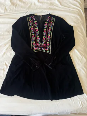 FREE PEOPLE | Black Velvet Tunic/Dress with Colorful Floral Embroidery thumbnail 2