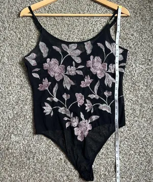 Express Black Sheer Bodysuit Pink Floral Embroidery Party Medium Going Out thumbnail 10
