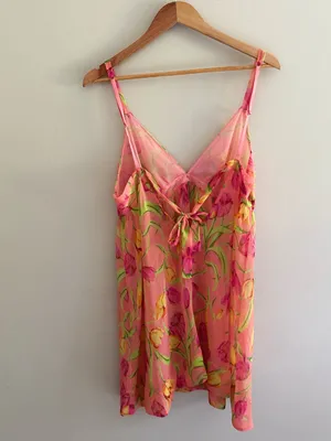Betsey Johnson Intimates Vintage Peach Sheer Tulip Print Babydoll Lingerie Large thumbnail 8