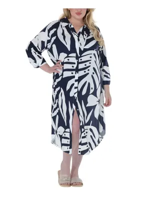 NWT Raviya Printed Button-Down Cover Up Dress 76731XPT Navy / White Multi 1X thumbnail 3