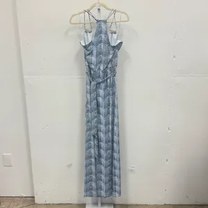 Guess Blue White Wavy Abstract Print Halter‎ Maxi Dress XS Wrap Front Tie Waist thumbnail 2