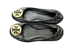Tory Burch Reva Black Leather Gold Logo Medallion Ballet Flats Size 7 thumbnail 6