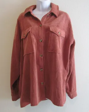 Forever 21 Button‎ Down Shirt Large Orange Corduroy Ribbed Oversized Shacket thumbnail 1