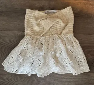 Zara Cream Knit Eyelet Twist Strapless Top thumbnail 1