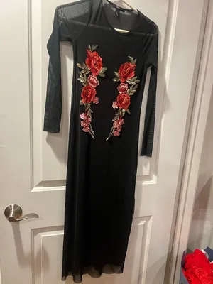 Forever 21 Black Maxi Dress with Red Floral Embroidery thumbnail 3