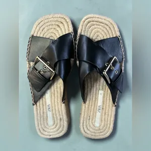 Zara Black Leather Espadrille JUTE WEDGE SANDALS thumbnail 2