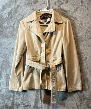 90s Y2K Beige Corduroy‎ Trench Style Jacket Safari Aesthetic Size Medium thumbnail 1