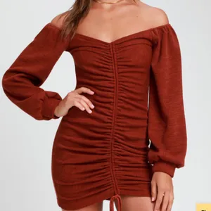 Lulus Aurinda Rust Orange Ruched Off-the-Shoulder Bodycon Dress thumbnail 1