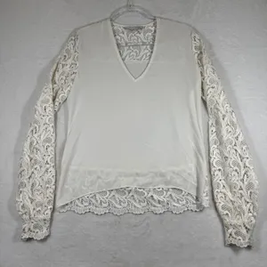 Alexis Ivory Lace Long Sleeve V-Neck Blouse Top Small White Boho Romantic USA thumbnail 1