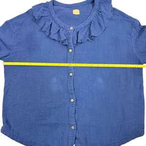 Free People Ruffled Neck Button‎ Front Cotton Shirt Blue Size L G thumbnail 7