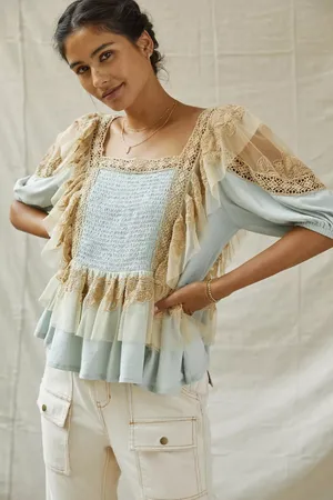 NWT Forever That Girl Blue/Tan Ruffle Lace Peplum Fairy Top Large Anthropologie thumbnail 1