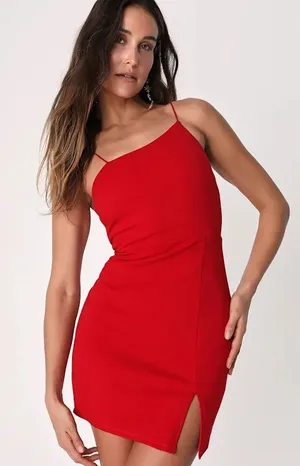 NWT Lulus Party for Two Asymmetrical Bodycon Mini Dress in Red‎ Size Small thumbnail 1