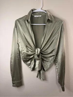 12th Tribe Olive Satin Tie-Front Button Down Shirt thumbnail 1