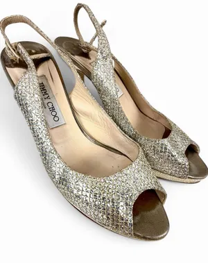 Jimmy‎ Choo Glitter Slingback Peep Toe Heels Gold Metallic EU 40 thumbnail 1