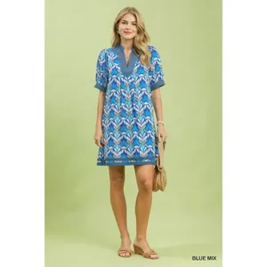 Umgee Mix Tile Print Mini Dress - Blue Mix - Medium thumbnail 5