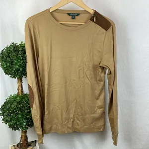 Ralph Lauren Tan Long Sleeve Cotton Leather Trim Tee T Shirt L thumbnail 2