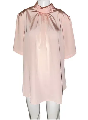 Vintage Anna Kriste Blush Pink Pleated Mock Neck Short Sleeve Blouse Size 18 thumbnail 1