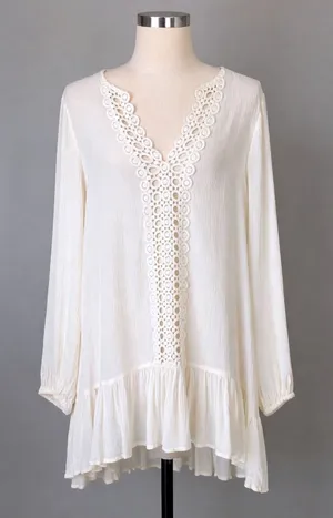Eberly Ivory Crochet Lace Cover‎ Up L Boho Beach Cottagecore Sheer Ruffle Tunic thumbnail 1