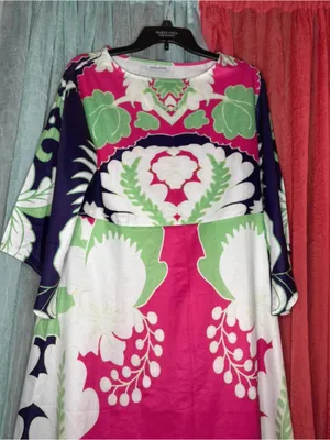 MISSLOOK Pink Floral Midi Dress with Green & Navy Accents thumbnail 2