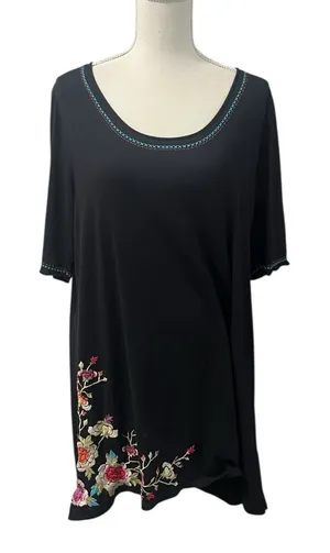 Johnny Was Embroidered Floral Black 100% Cotton Tunic Dress Scoop Neck Large thumbnail 1