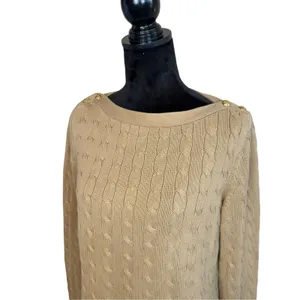 Lauren Ralph Lauren Camel Cable Knit Sweater Gold Buttons XL Boat Neck Old Money thumbnail 3
