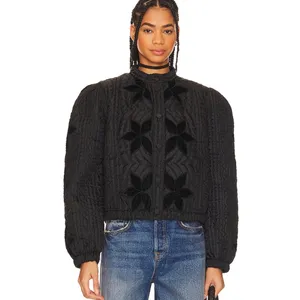 Free People Quinn Quilted Jacket Velvet Floral Applique Jacket Black Women Sz L thumbnail 2