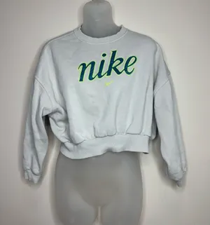 Nike off White Cropped Crew Sweatshirt Neon Green Navy logo spell out medium thumbnail 1