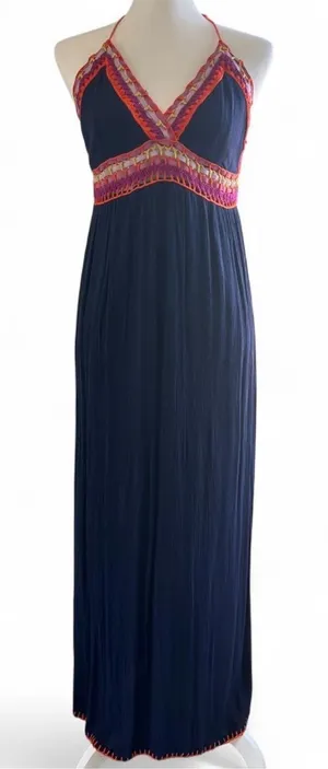 Indigo Rein Boho Crochet Trim Navy Halter Maxi Dress Size M thumbnail 1