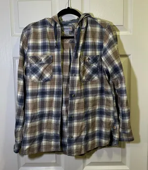 Carhartt Relaxed Fit Flannel Hooded Plaid Shirt Size Medium Blue Tan Button Down thumbnail 1