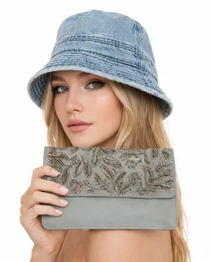 Abercrombie Embroidered Beaded Leather Gray Clutch thumbnail 1
