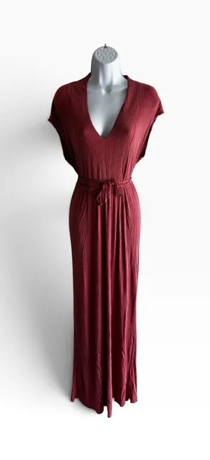 Lucky Brand Maxi Dress S Red Ribbed V-Neck Tie Waist Boho Casual thumbnail 1
