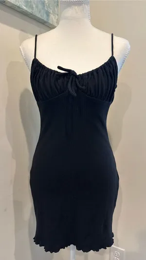 Princess Polly Black Ribbed Tie-Front Slip Dress thumbnail 1