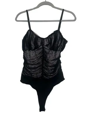 Lulu’s polka dot smocked mesh ruffled black Y2K bodysuit size L‎ thumbnail 1