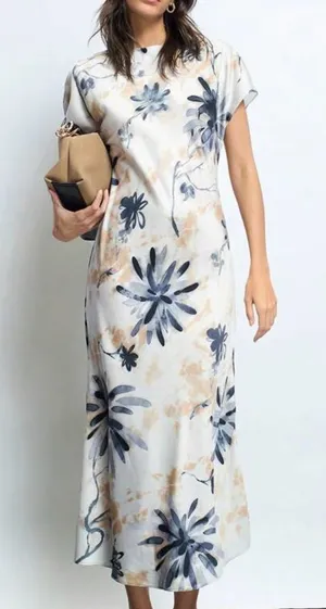 SHEIN White Maxi Dress with Blue Floral and Tan Accents thumbnail 1