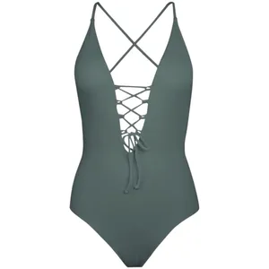 NEW Cupshe Ribbed Sage Green V-Neck Lacey Vacation One‎ Piece Swimsuit Size S thumbnail 2